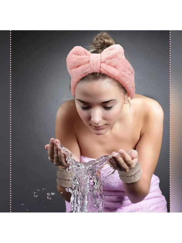 Pembe Süper Soft Spa Seti - Havlu Yıkama Bilekliği ve Elastik Saç Bandı